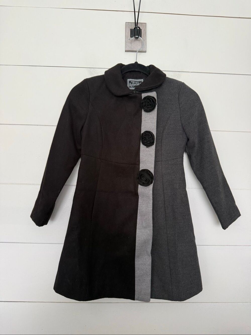 Rothschild Girls 7 Black Gray 90s Vintage Wool Colorblock Dress Coat